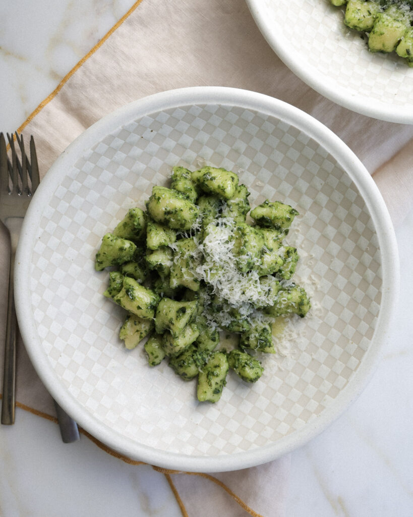 cauliflower gnocchi in a pesto sauce.