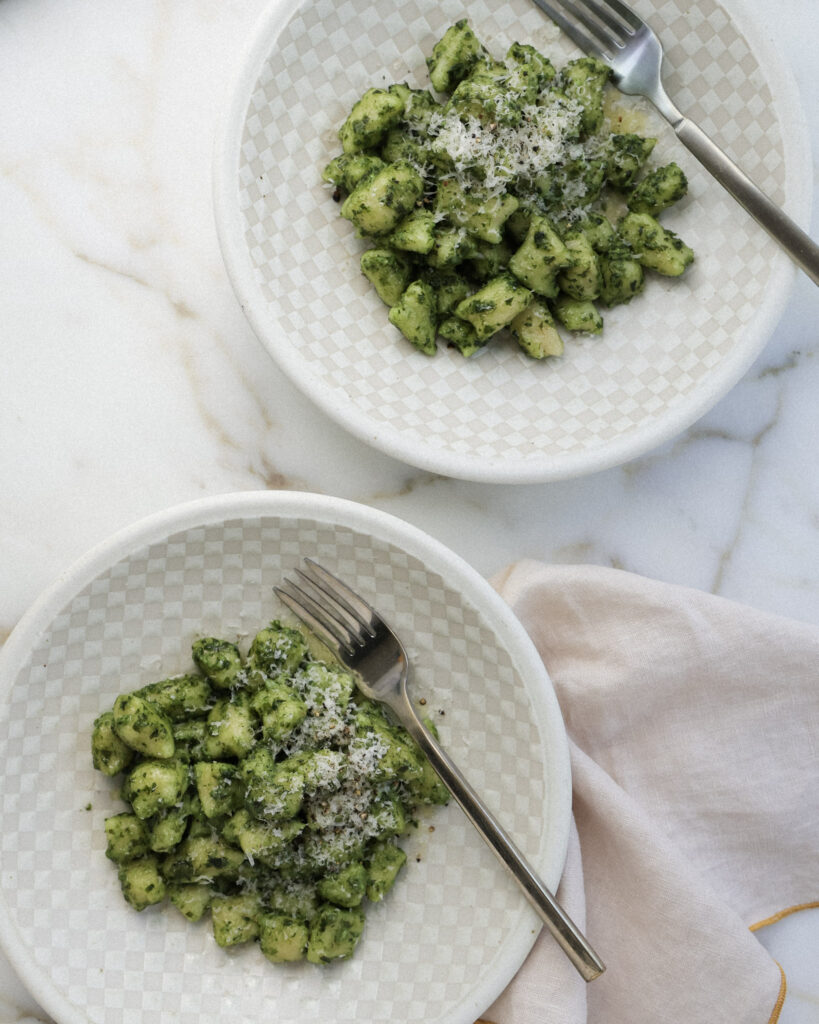 cauliflower gnocchi in a pesto sauce.