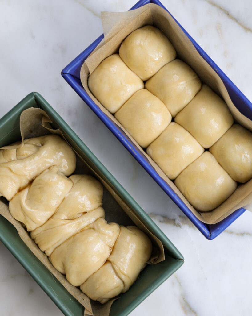 Vegan brioche brushed with egg wash.