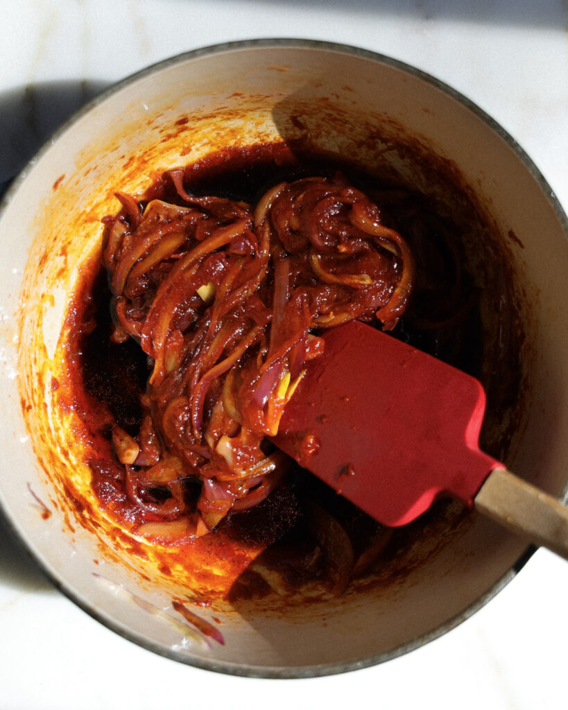 The sauce for gochujang quinoa being cooked down.