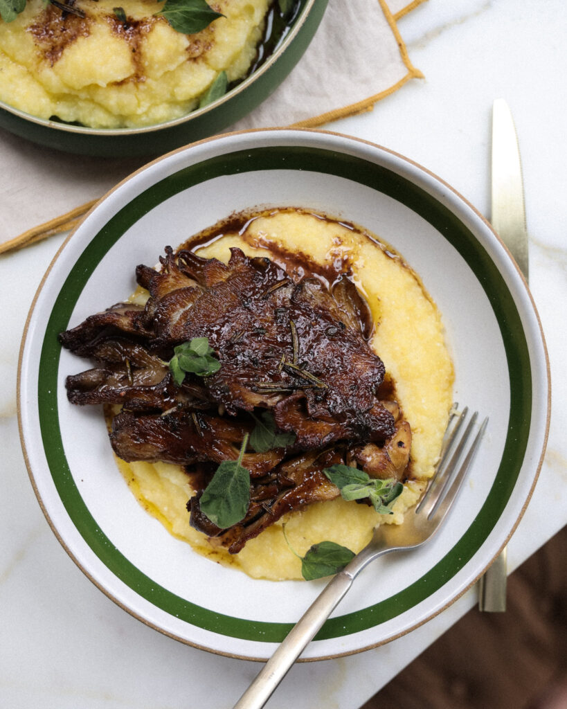 lions mane mushroom steaks over polenta