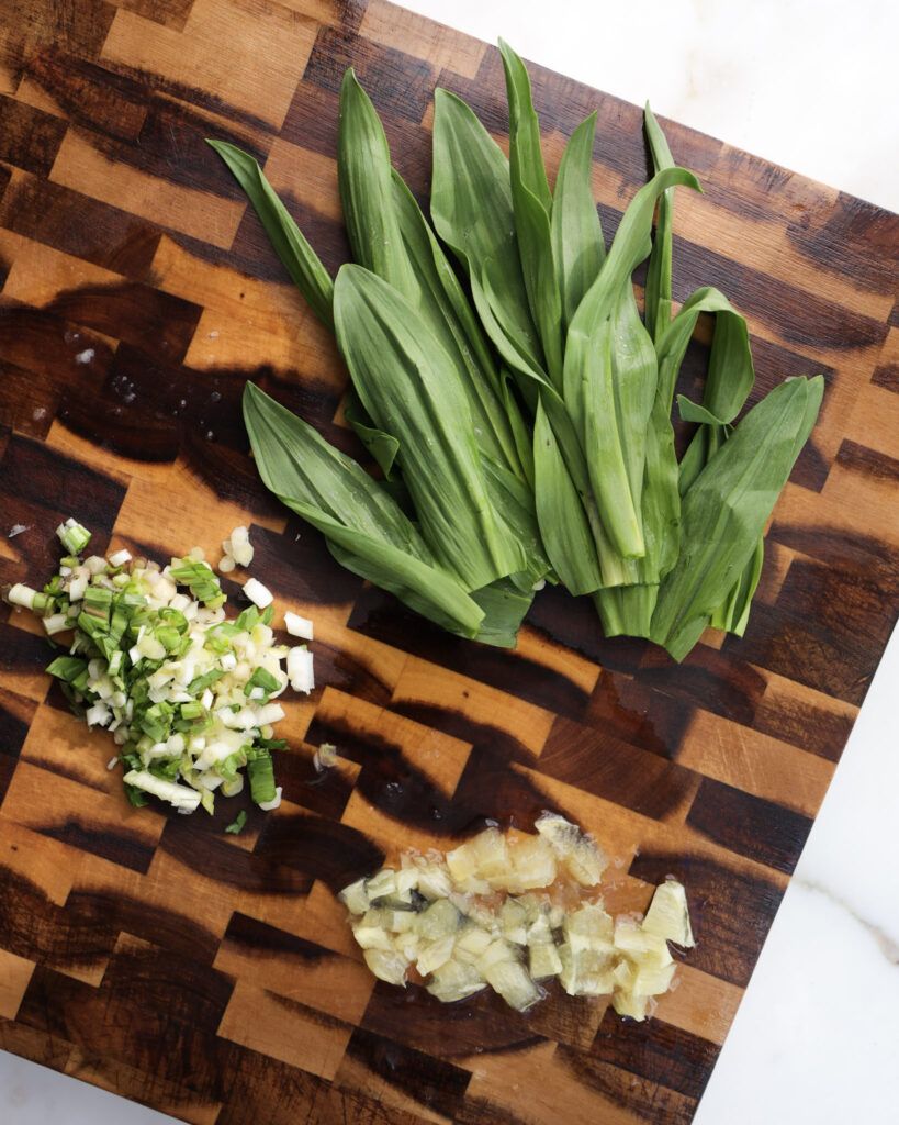 chopped lemon and ramps for ramp soup.