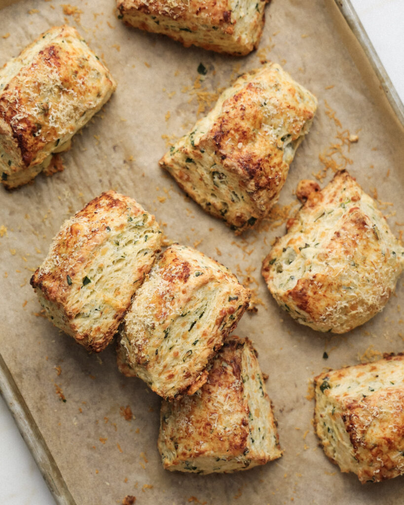 baked ramp biscuits on a baking sheet.