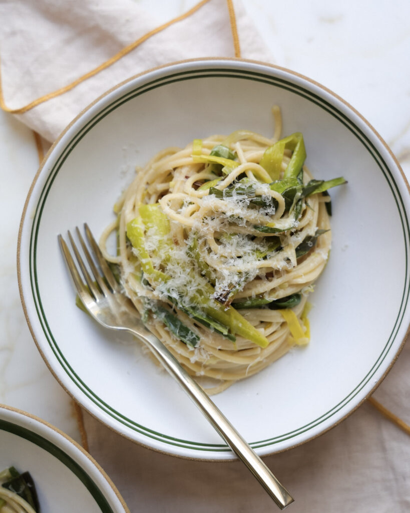 caramelized leek pasta topped with parmesan