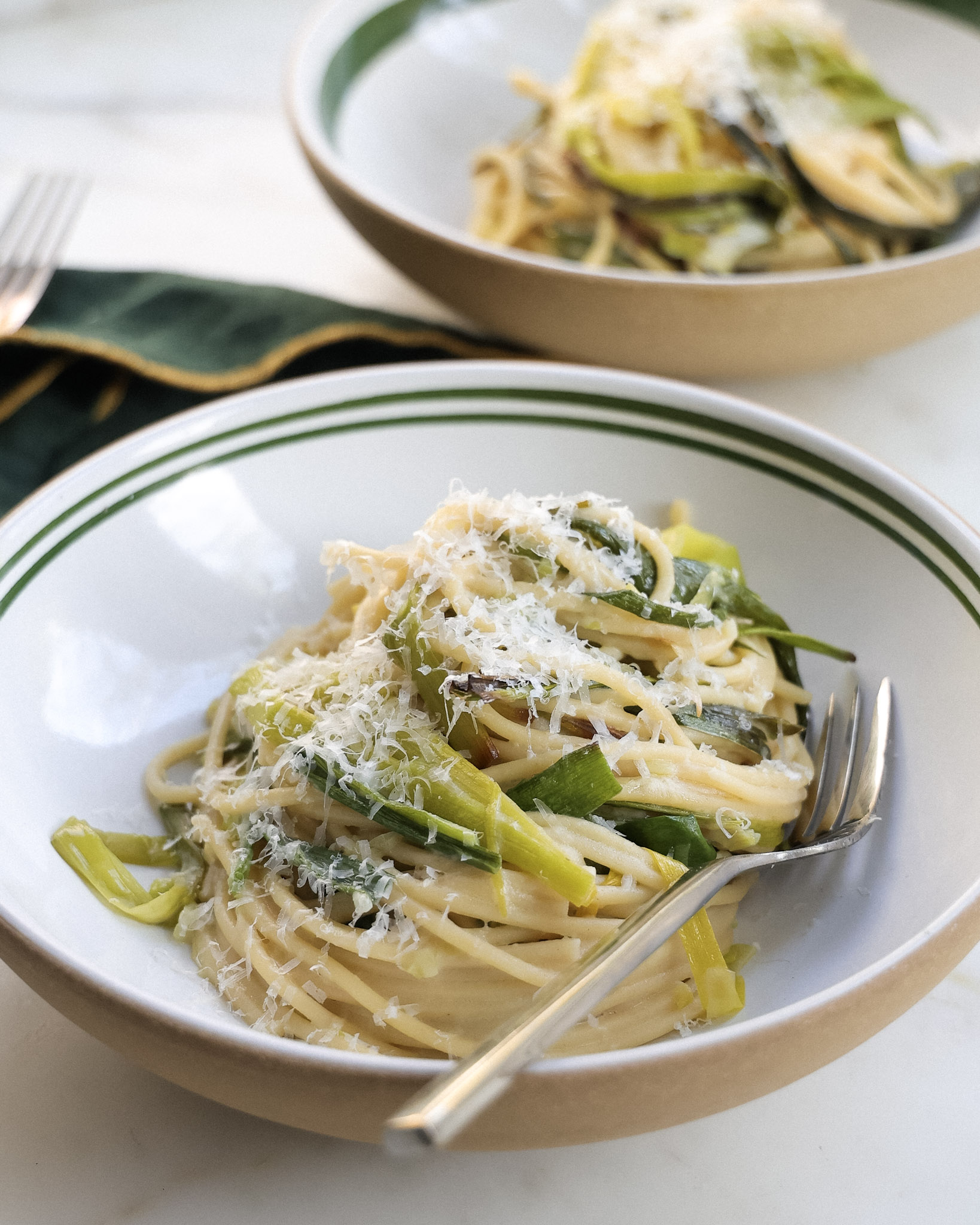 caramelized leek pasta topped with parmesan