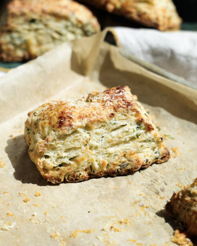 flaky ramp biscuit topped with parmesan cheese.