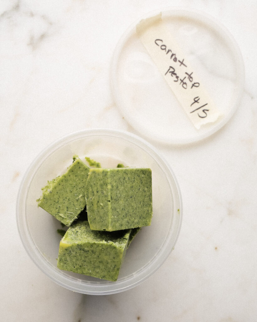 frozen carrot top pesto cubes for storing.