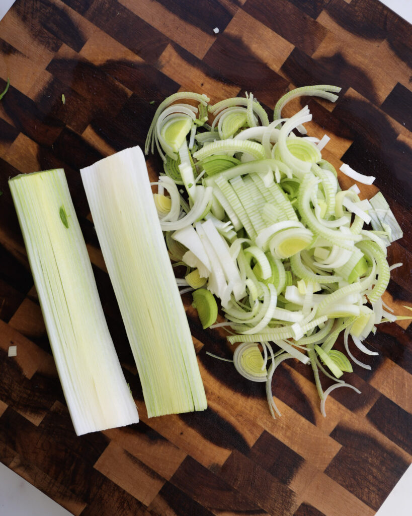 leeks halved and sliced.