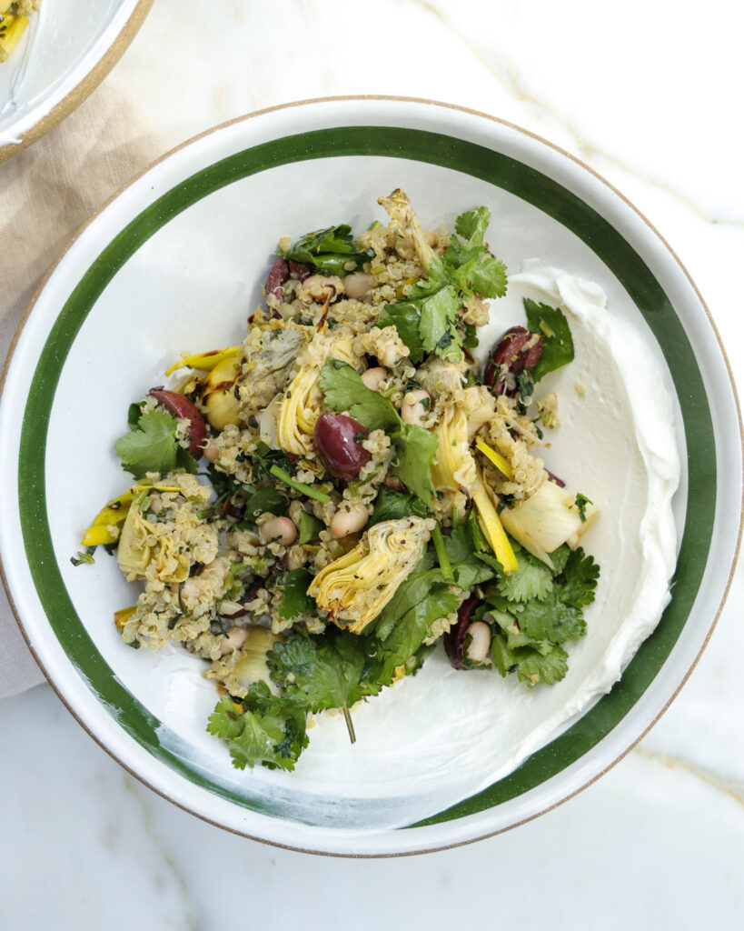 Crispy Artichoke Hearts over Lemon Quinoa