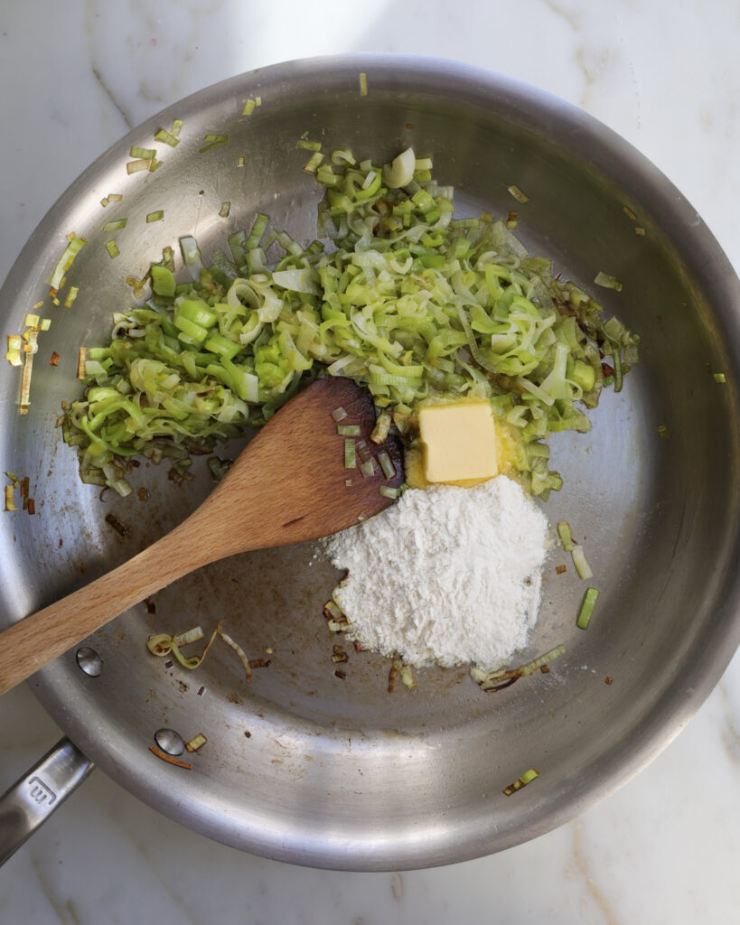 leeks, butter and flour in a pan.