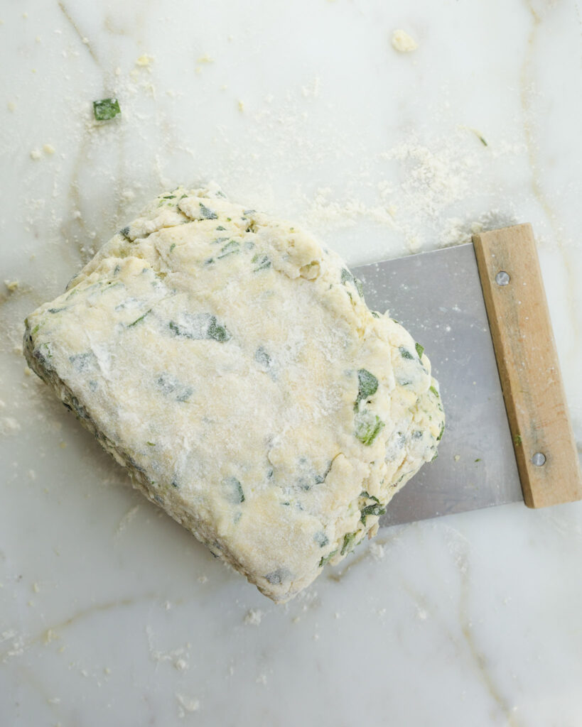 Ramp biscuit dough shaped into a rectangle.