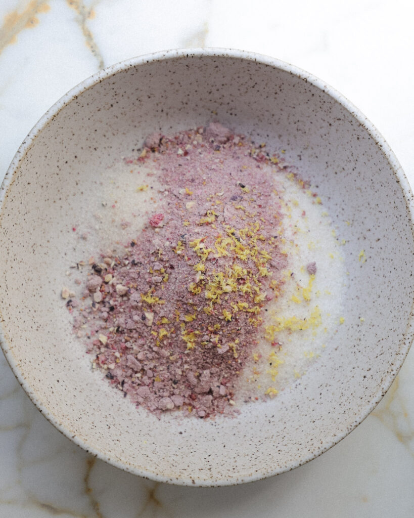 Dry ingredients for blueberry brownies in a bowl.