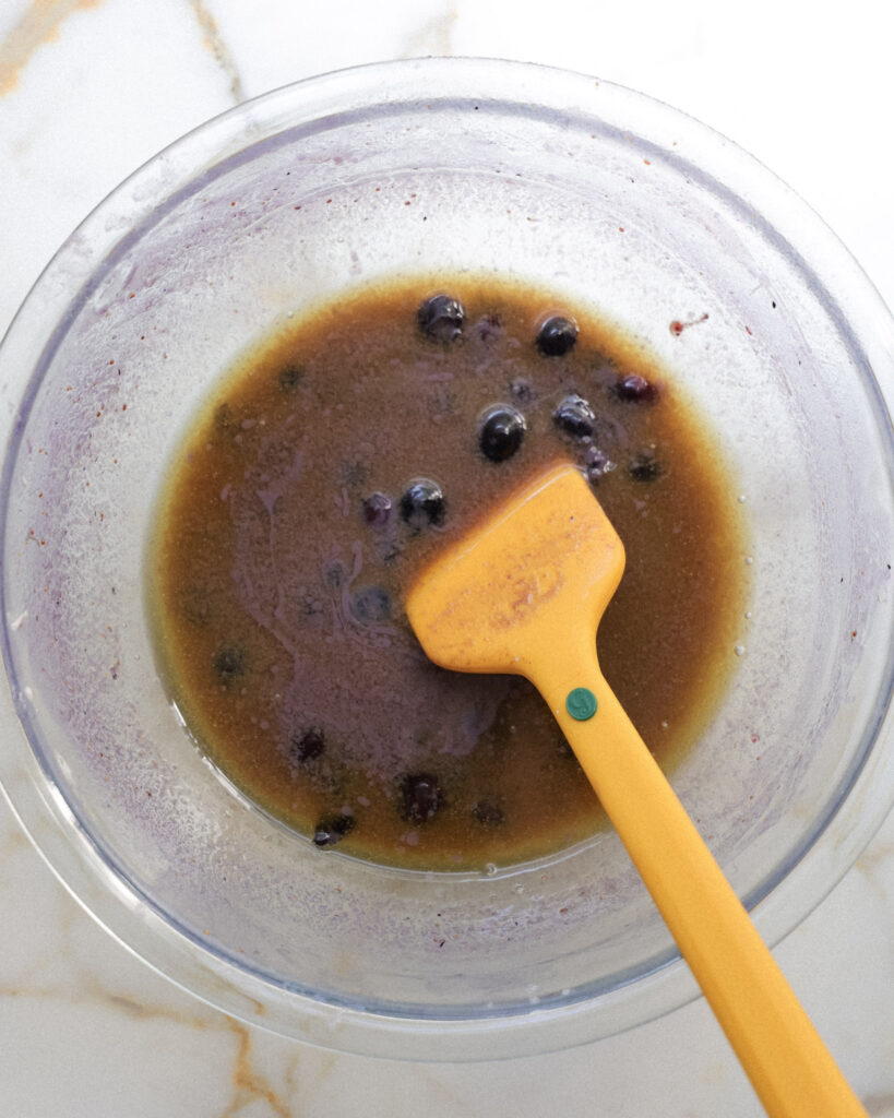 Wet ingredients for blueberry brownies.