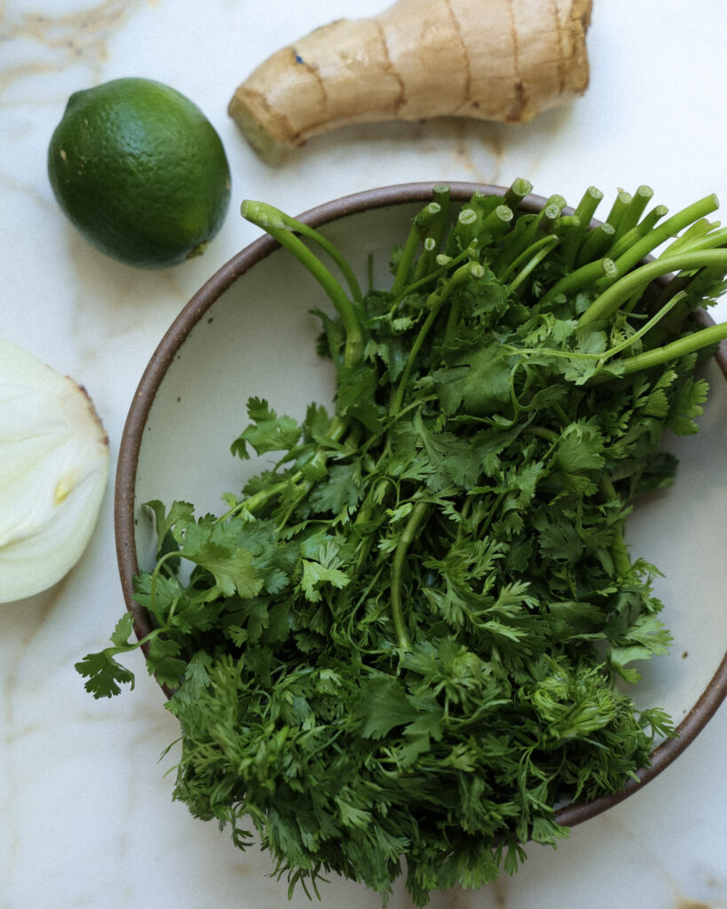 Herbs, lime, ginger and onion.