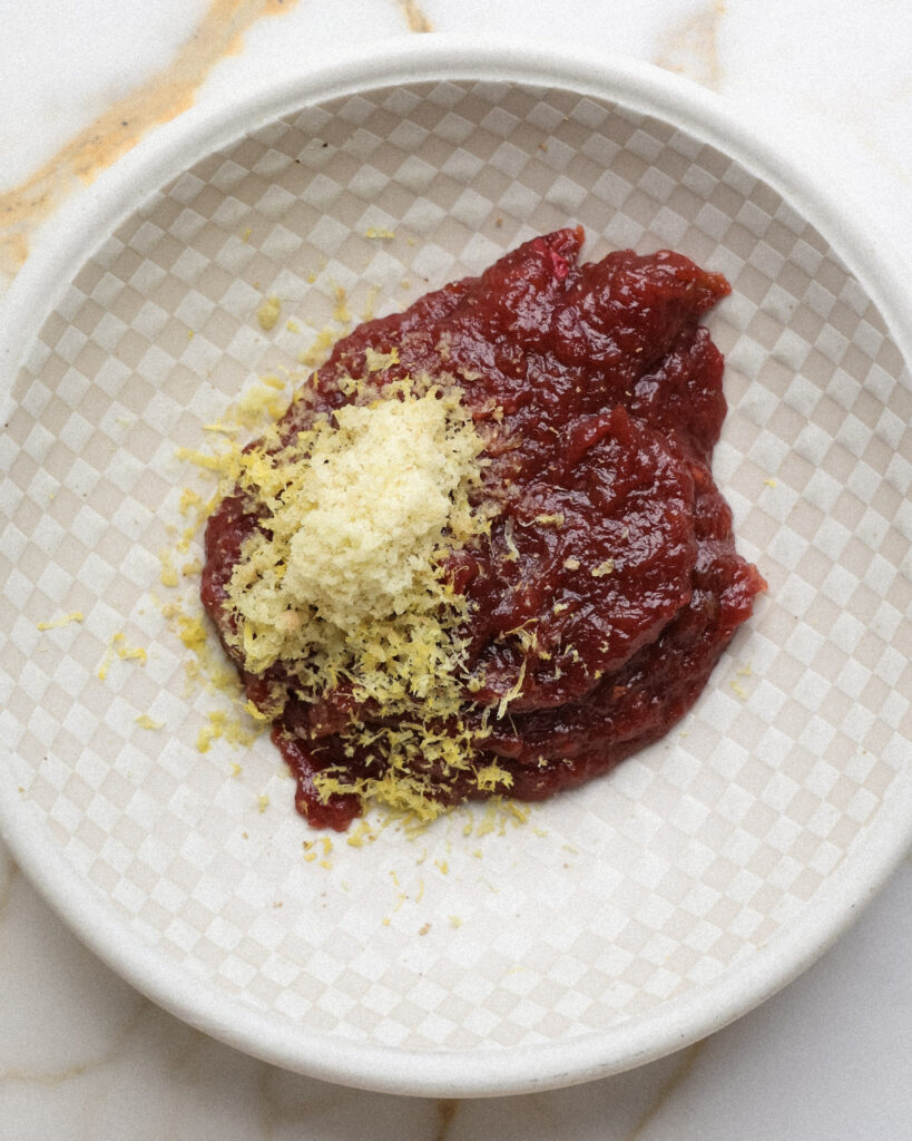 rhubarb jam topped with lemon zest and grated ginger.