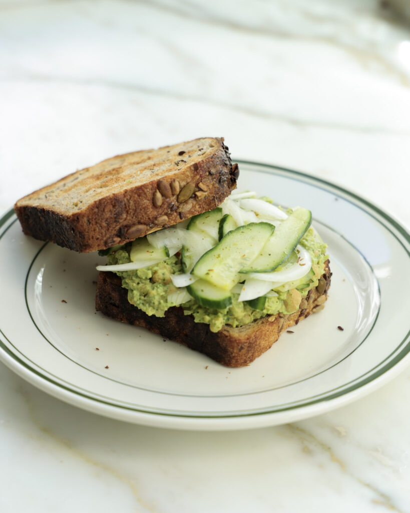 Chickpea salad with marinated veggies on toast.