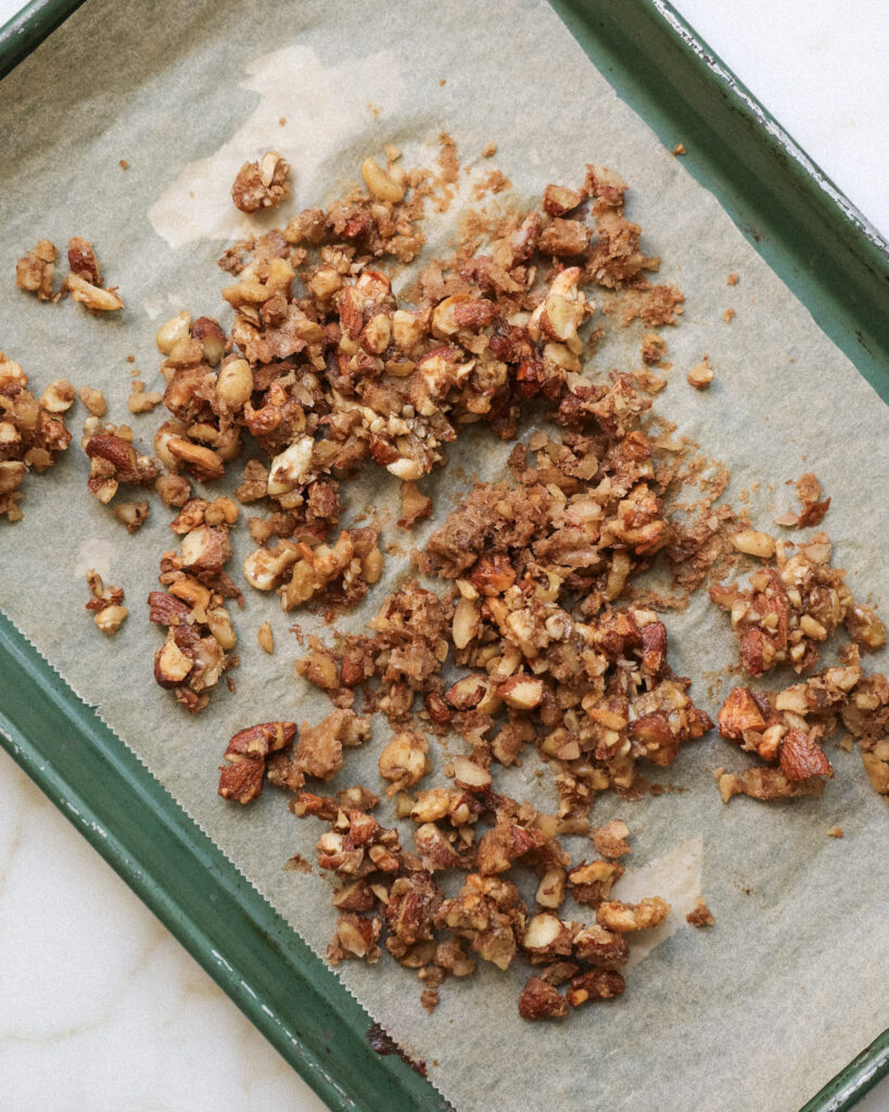 baked nutty topping on a baking sheet.