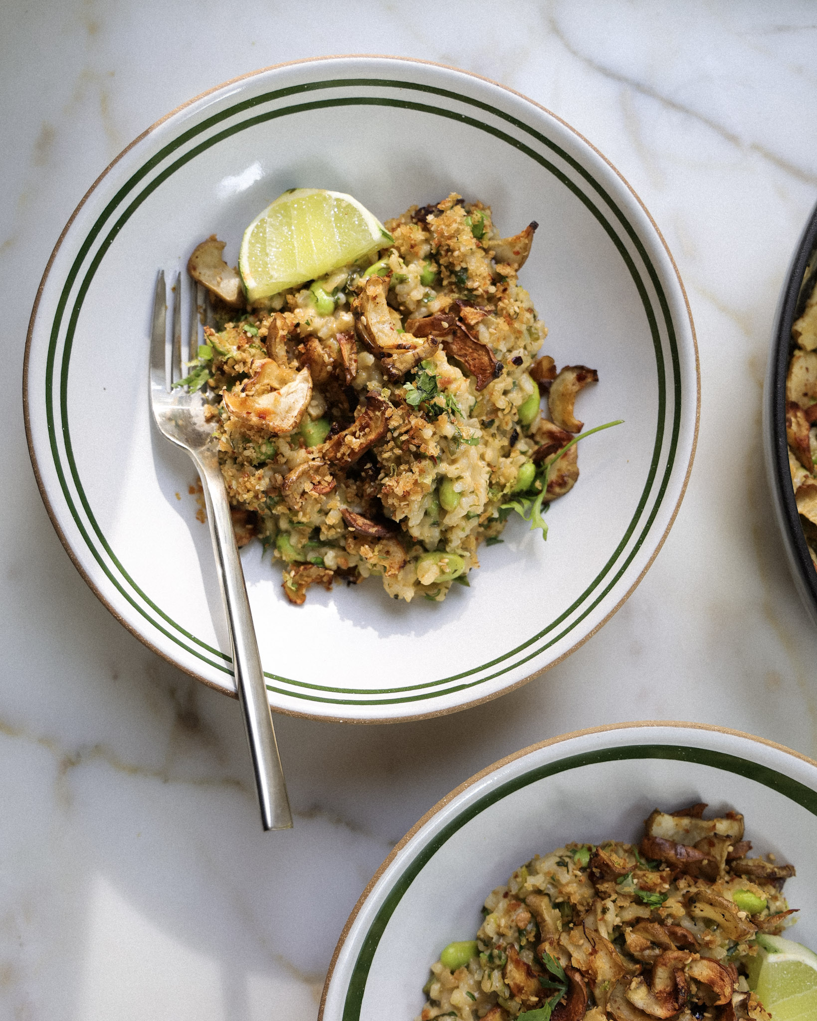 Sunchokes and coconut lime rice in a bowl.