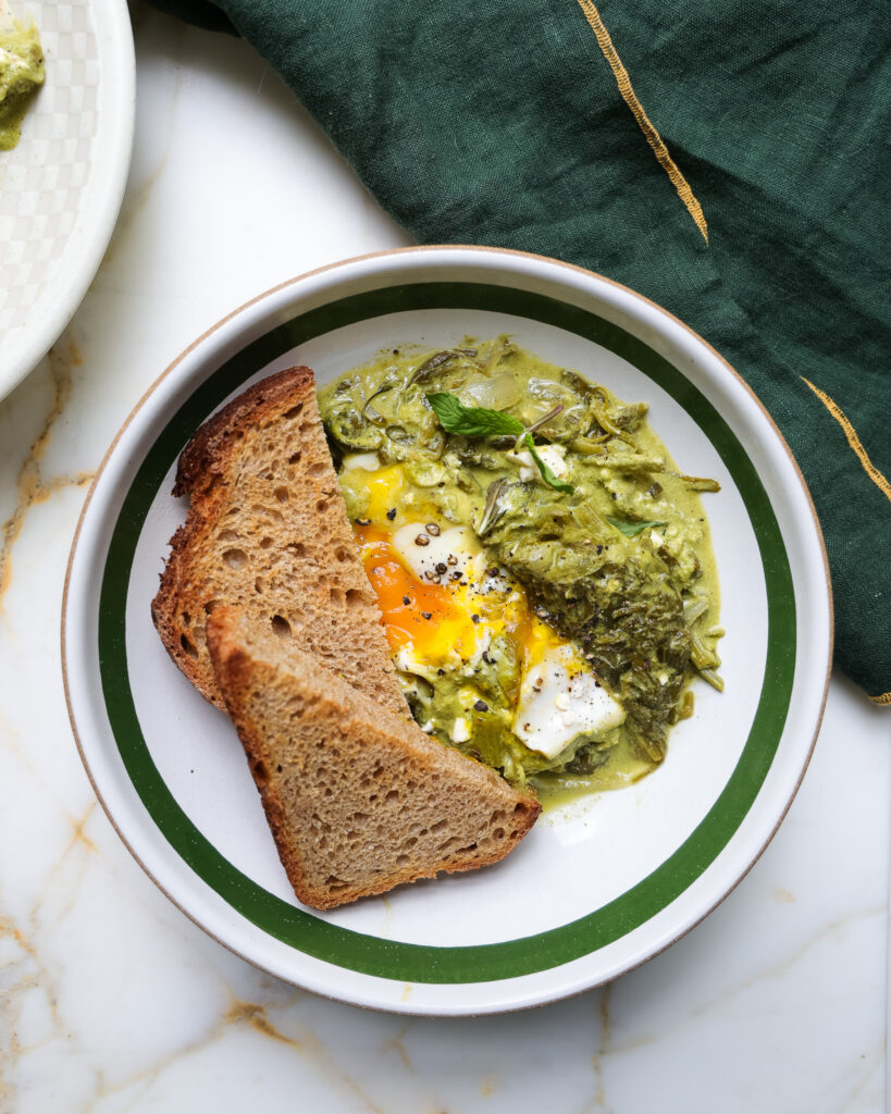 spring green shakshuka as a single serving bowl