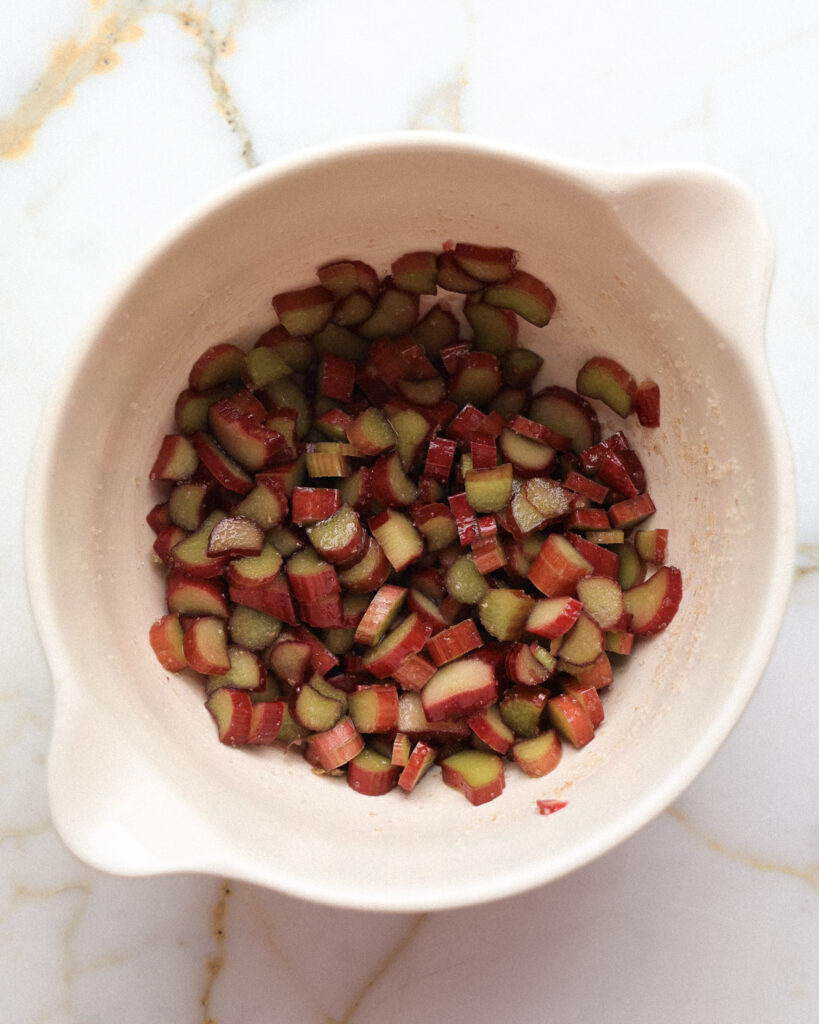 Macerated rhubarb in a bowl.