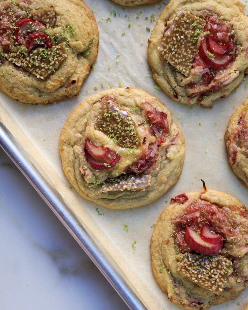 Rhubarb Cookies with Ginger, Lime and Sesame Toffee