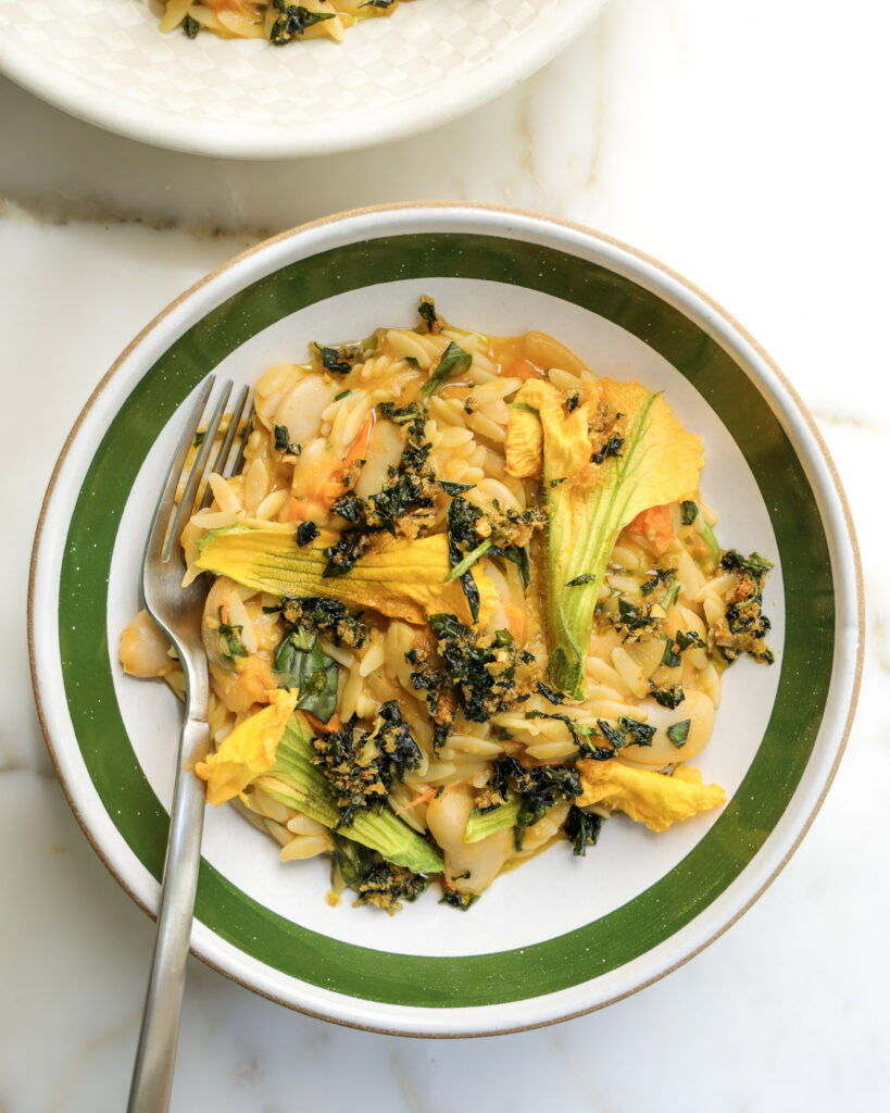 Sungold Tomato Orzo with Crispy Basil Garlic